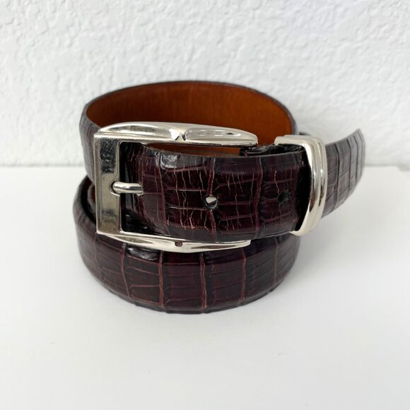 Johnston & Murphy Belt Men 38 Brown Alligator Grained Silver Buckle 75-3402 - Picture 1 of 12